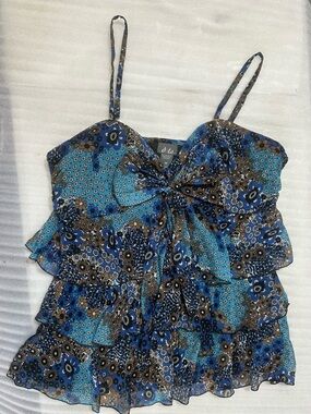 Dots, Blue and Turquoise Floral Print 3 Layer Ruffled Top (1X)